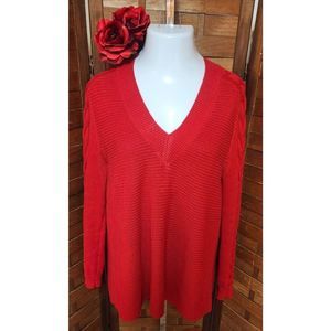 CAbi 3714 Red Sweater V-Neck Pullover Women's Chunky Cable Knit Oversized Small